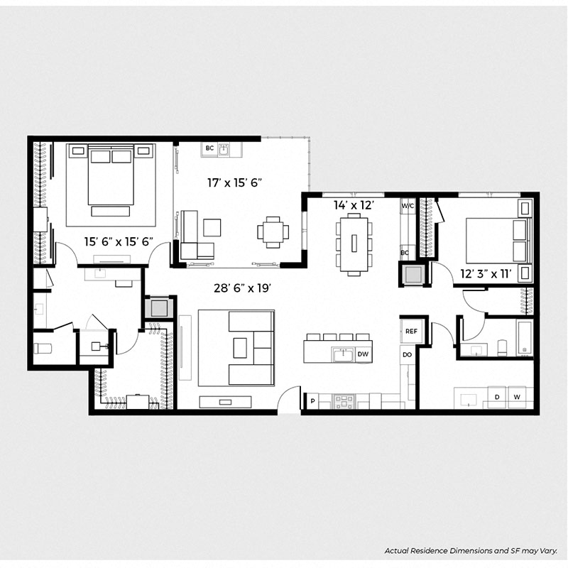 Floor plan for 2 beds, 2 baths, 1700 sqft